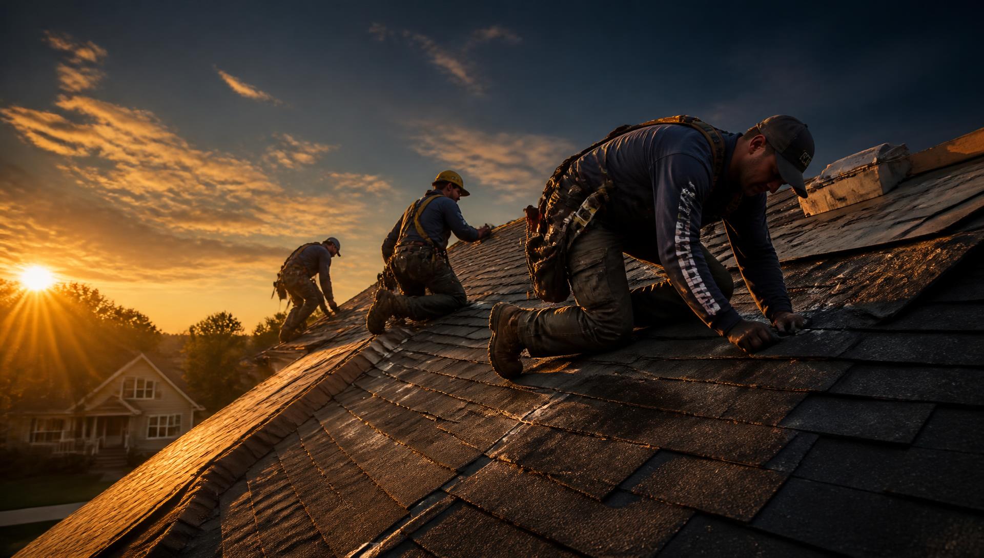 Contractor crew working on a residential roof at golden hour